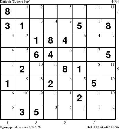 The grouppuzzles.com Difficult Sudoku-8up puzzle for Friday June 5, 2026 with all 11 steps marked