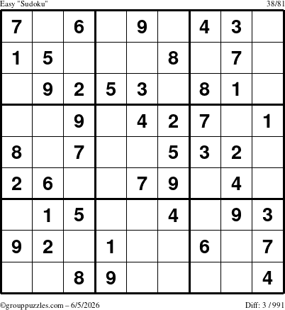 The grouppuzzles.com Easy Sudoku puzzle for Friday June 5, 2026