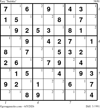 The grouppuzzles.com Easy Sudoku puzzle for Friday June 5, 2026, suitable for printing, with all 3 steps marked