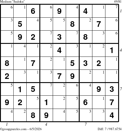 The grouppuzzles.com Medium Sudoku puzzle for Friday June 5, 2026, suitable for printing, with all 7 steps marked