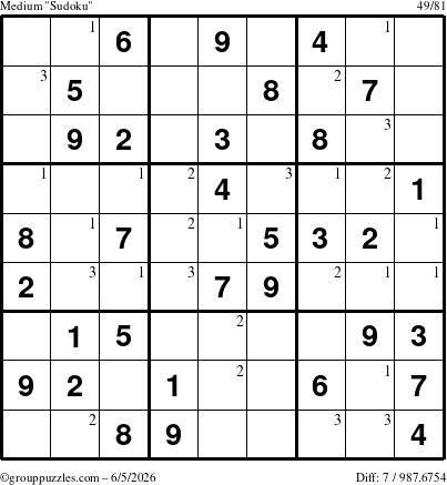 The grouppuzzles.com Medium Sudoku puzzle for Friday June 5, 2026 with the first 3 steps marked