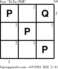 The grouppuzzles.com Easy TicTac-PQR puzzle for Friday June 5, 2026 with all 2 steps marked