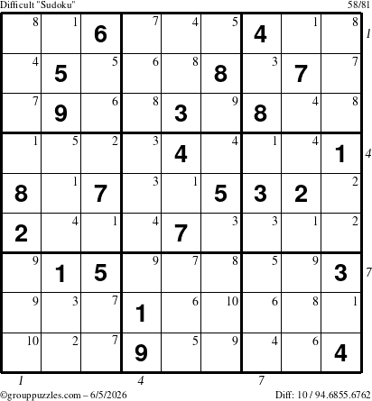 The grouppuzzles.com Difficult Sudoku puzzle for Friday June 5, 2026, suitable for printing, with all 10 steps marked