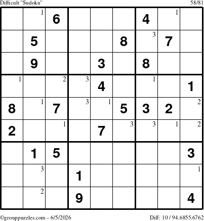 The grouppuzzles.com Difficult Sudoku puzzle for Friday June 5, 2026 with the first 3 steps marked