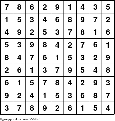 The grouppuzzles.com Answer grid for the Sudoku puzzle for Friday June 5, 2026