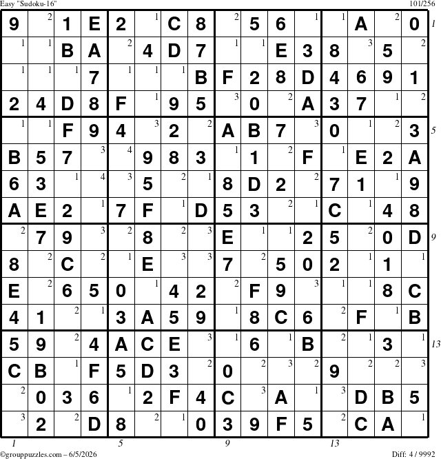 The grouppuzzles.com Easy Sudoku-16 puzzle for Friday June 5, 2026 with all 4 steps marked