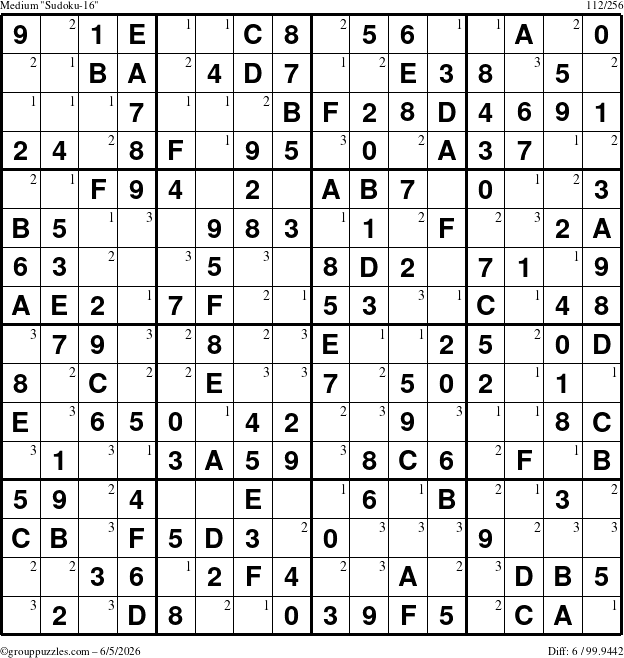 The grouppuzzles.com Medium Sudoku-16 puzzle for Friday June 5, 2026 with the first 3 steps marked