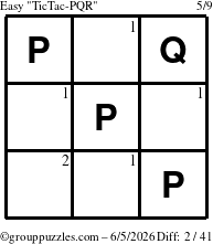The grouppuzzles.com Easy TicTac-PQR puzzle for Friday June 5, 2026 with the first 2 steps marked