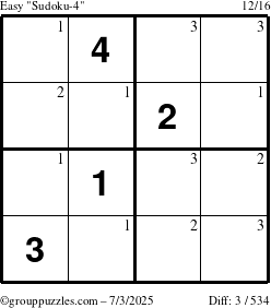The grouppuzzles.com Easy Sudoku-4 puzzle for Thursday July 3, 2025 with the first 3 steps marked