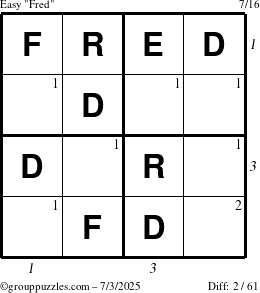 The grouppuzzles.com Easy Fred puzzle for Thursday July 3, 2025 with all 2 steps marked