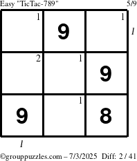 The grouppuzzles.com Easy TicTac-789 puzzle for Thursday July 3, 2025 with all 2 steps marked