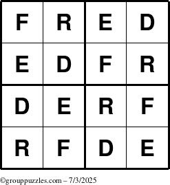 The grouppuzzles.com Answer grid for the Fred puzzle for Thursday July 3, 2025