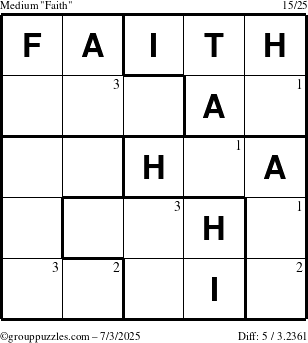 The grouppuzzles.com Medium Faith puzzle for Thursday July 3, 2025 with the first 3 steps marked