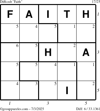 The grouppuzzles.com Difficult Faith puzzle for Thursday July 3, 2025 with all 6 steps marked