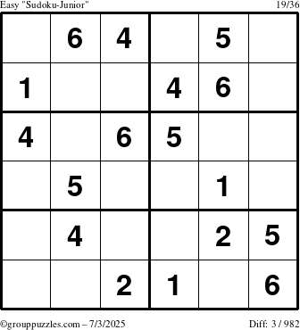 The grouppuzzles.com Easy Sudoku-Junior puzzle for Thursday July 3, 2025