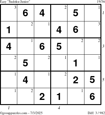 The grouppuzzles.com Easy Sudoku-Junior puzzle for Thursday July 3, 2025, suitable for printing, with all 3 steps marked