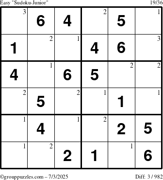 The grouppuzzles.com Easy Sudoku-Junior puzzle for Thursday July 3, 2025 with the first 3 steps marked