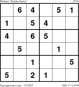 The grouppuzzles.com Medium Sudoku-Junior puzzle for Thursday July 3, 2025