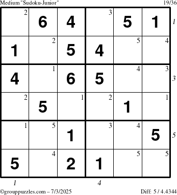 The grouppuzzles.com Medium Sudoku-Junior puzzle for Thursday July 3, 2025 with all 5 steps marked