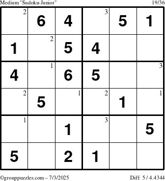 The grouppuzzles.com Medium Sudoku-Junior puzzle for Thursday July 3, 2025 with the first 3 steps marked