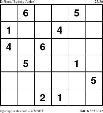 The grouppuzzles.com Difficult Sudoku-Junior puzzle for Thursday July 3, 2025