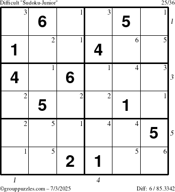The grouppuzzles.com Difficult Sudoku-Junior puzzle for Thursday July 3, 2025 with all 6 steps marked