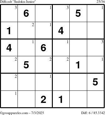 The grouppuzzles.com Difficult Sudoku-Junior puzzle for Thursday July 3, 2025 with the first 3 steps marked