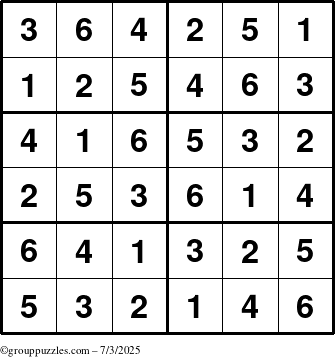 The grouppuzzles.com Answer grid for the Sudoku-Junior puzzle for Thursday July 3, 2025