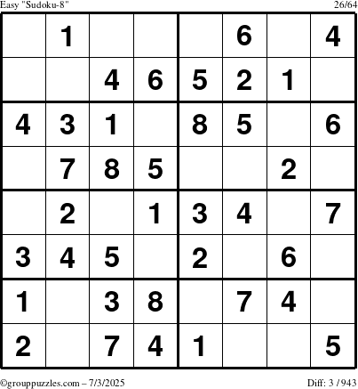The grouppuzzles.com Easy Sudoku-8 puzzle for Thursday July 3, 2025