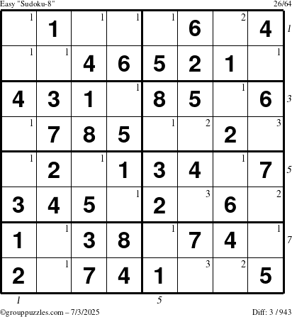 The grouppuzzles.com Easy Sudoku-8 puzzle for Thursday July 3, 2025 with all 3 steps marked