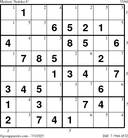 The grouppuzzles.com Medium Sudoku-8 puzzle for Thursday July 3, 2025 with all 7 steps marked