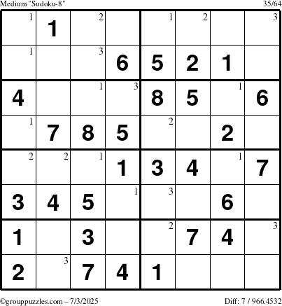 The grouppuzzles.com Medium Sudoku-8 puzzle for Thursday July 3, 2025 with the first 3 steps marked