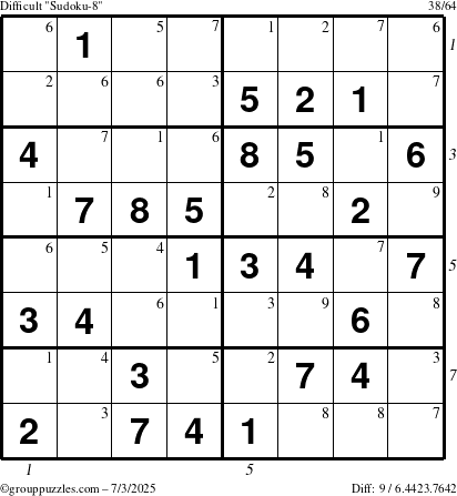 The grouppuzzles.com Difficult Sudoku-8 puzzle for Thursday July 3, 2025 with all 9 steps marked