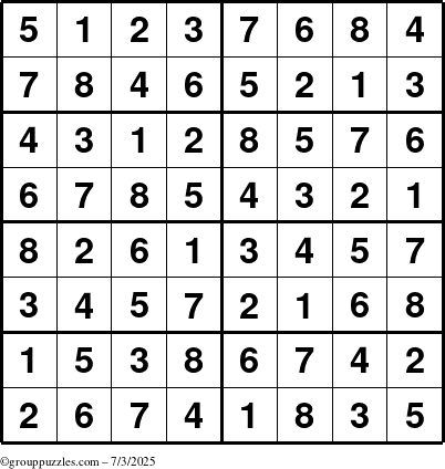 The grouppuzzles.com Answer grid for the Sudoku-8 puzzle for Thursday July 3, 2025