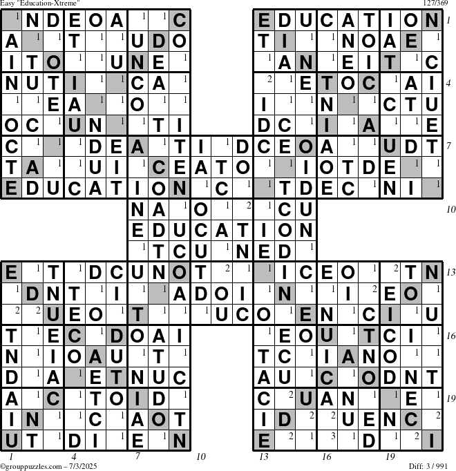 The grouppuzzles.com Easy Education-Xtreme puzzle for Thursday July 3, 2025 with all 3 steps marked