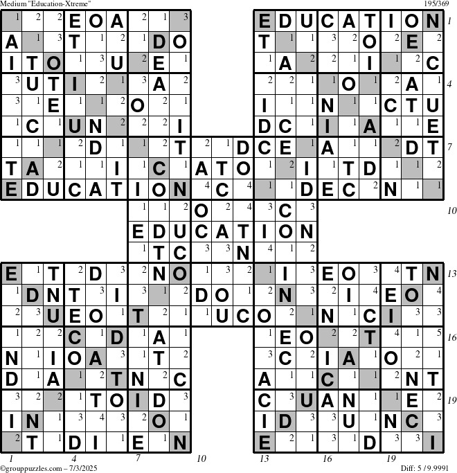 The grouppuzzles.com Medium Education-Xtreme puzzle for Thursday July 3, 2025, suitable for printing, with all 5 steps marked