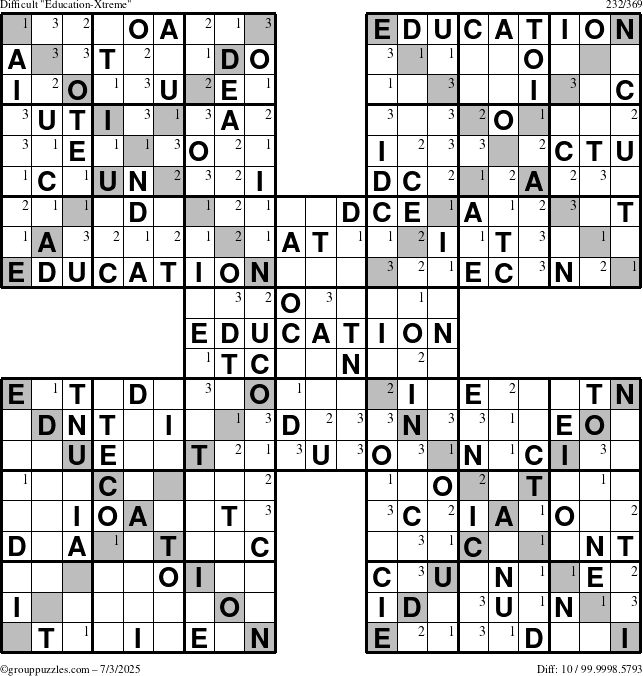 The grouppuzzles.com Difficult Education-Xtreme puzzle for Thursday July 3, 2025 with the first 3 steps marked