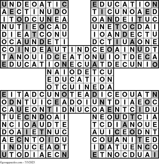 The grouppuzzles.com Answer grid for the Education-Xtreme puzzle for Thursday July 3, 2025