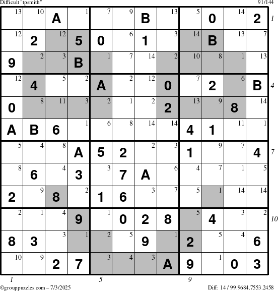 The grouppuzzles.com Difficult tpsmith puzzle for Thursday July 3, 2025 with all 14 steps marked