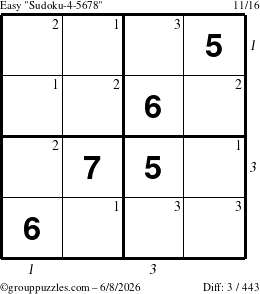 The grouppuzzles.com Easy Sudoku-4-5678 puzzle for Monday June 8, 2026, suitable for printing, with all 3 steps marked