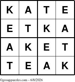 The grouppuzzles.com Answer grid for the Kate puzzle for Monday June 8, 2026