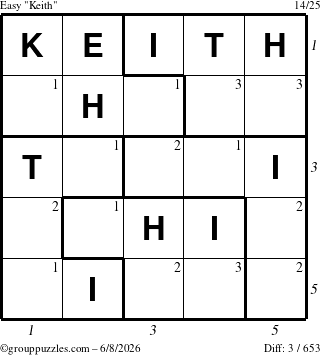 The grouppuzzles.com Easy Keith puzzle for Monday June 8, 2026, suitable for printing, with all 3 steps marked
