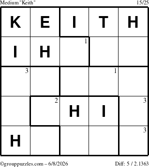 The grouppuzzles.com Medium Keith puzzle for Monday June 8, 2026 with the first 3 steps marked
