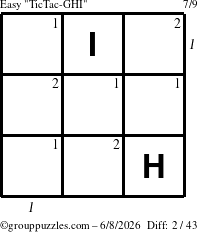 The grouppuzzles.com Easy TicTac-GHI puzzle for Monday June 8, 2026, suitable for printing, with all 2 steps marked