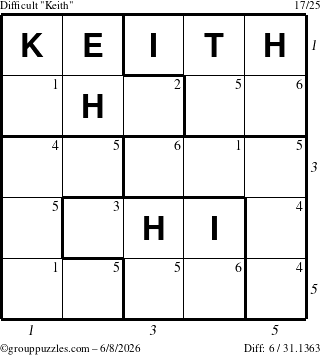The grouppuzzles.com Difficult Keith puzzle for Monday June 8, 2026, suitable for printing, with all 6 steps marked