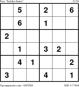 The grouppuzzles.com Easy Sudoku-Junior puzzle for Monday June 8, 2026