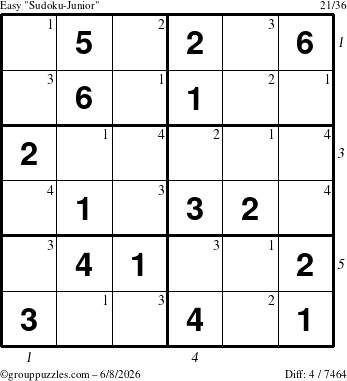 The grouppuzzles.com Easy Sudoku-Junior puzzle for Monday June 8, 2026, suitable for printing, with all 4 steps marked