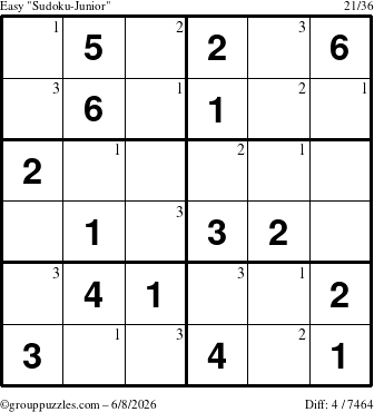The grouppuzzles.com Easy Sudoku-Junior puzzle for Monday June 8, 2026 with the first 3 steps marked