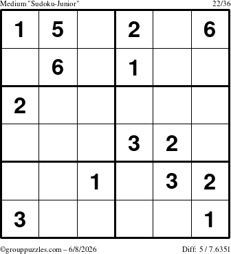 The grouppuzzles.com Medium Sudoku-Junior puzzle for Monday June 8, 2026