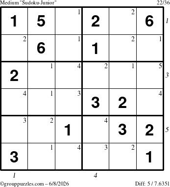 The grouppuzzles.com Medium Sudoku-Junior puzzle for Monday June 8, 2026 with all 5 steps marked